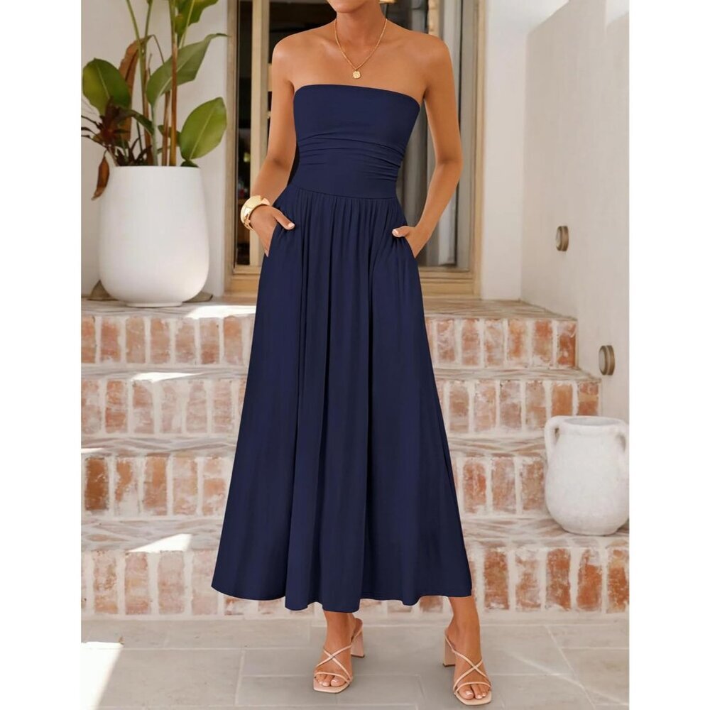 Women's Navy Summer Sleeveless 2026 Strapless Ruched A Line Flowy Midi Dress - Picture 3 of 7